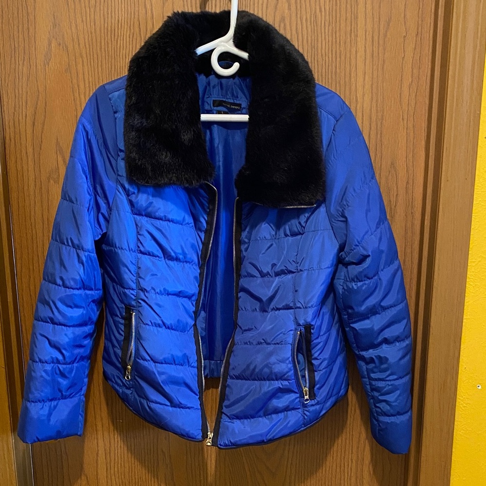 Harve Benard Royal Blue Puffer Jacket with Black Faux Fur Collar